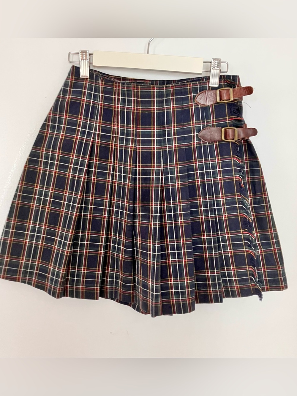 Plaid Pleated Skort with Brown Buckle Straps - Navy Red